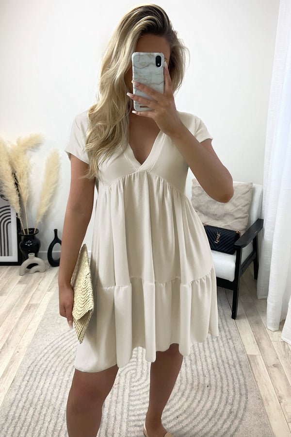 Emelia Beige Tiered Frill Smock Dress